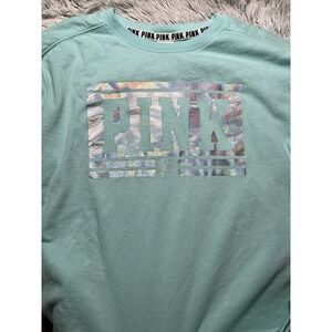 VS PINK Baby Blue Campus Crew Holographic Logo S Victoria's Secret Small